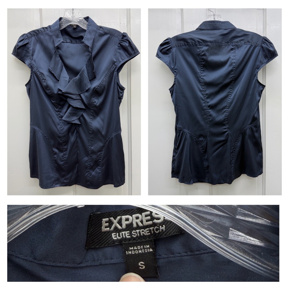 Express Elite Stretch Navy Blue Ruffle V-Neck Blouse Cap Sleeve Women's Small